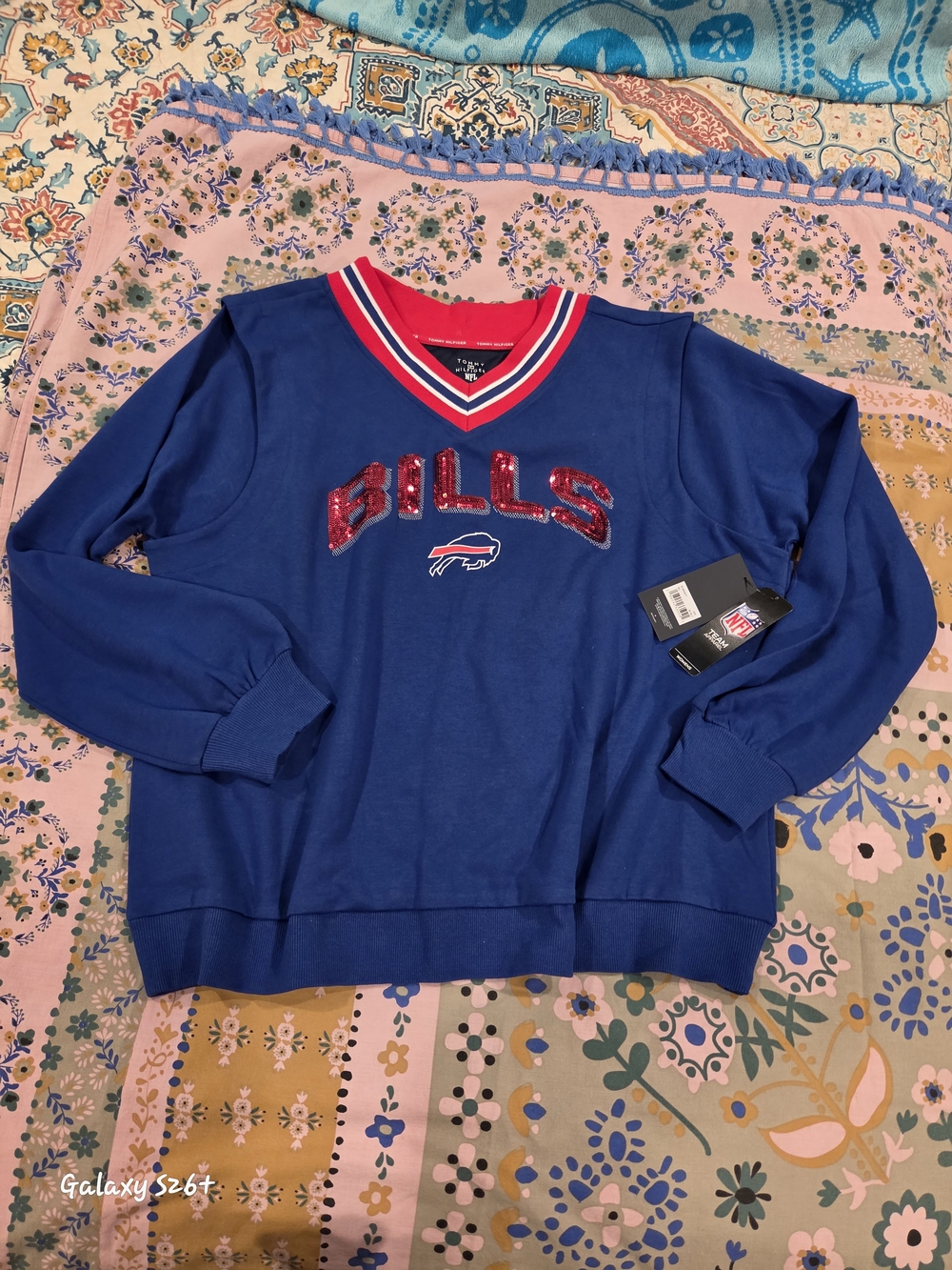 Buffalo Bills Women's Blue Sequin Logo V-Neck Sweatshirt
